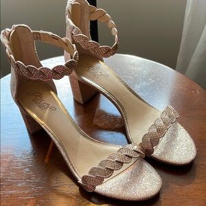 Badgley Mishka Jewel Finna Rose Gold Ankle Strap Heels size 8.5 wedding prom